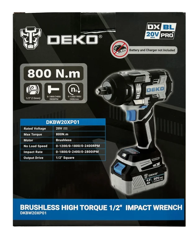 parametry klucza udarowego DEKO DKBW20XP01-S0 – 800 Nm, silnik bezszczotkowy