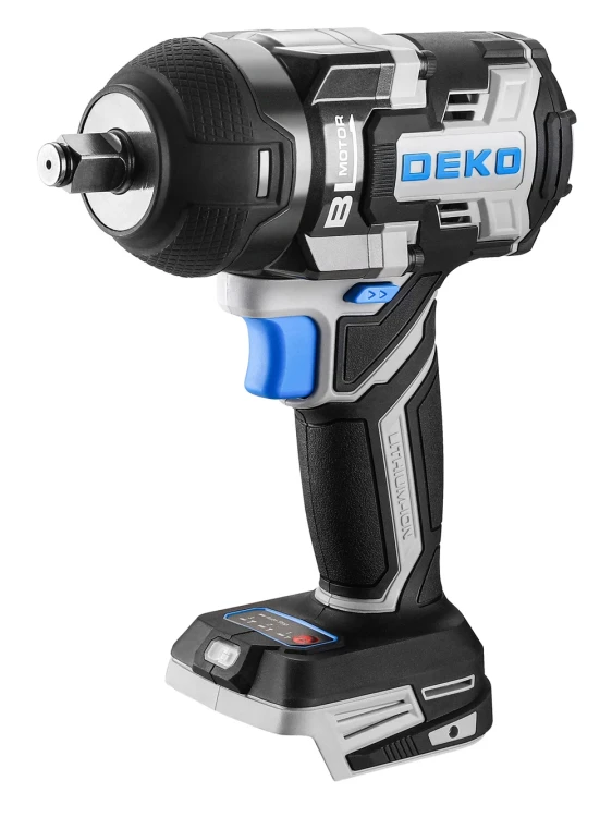 klucz udarowy DEKO DKBW20XP01-S1 – ujęcie pod kątem z akumulatorem 20V