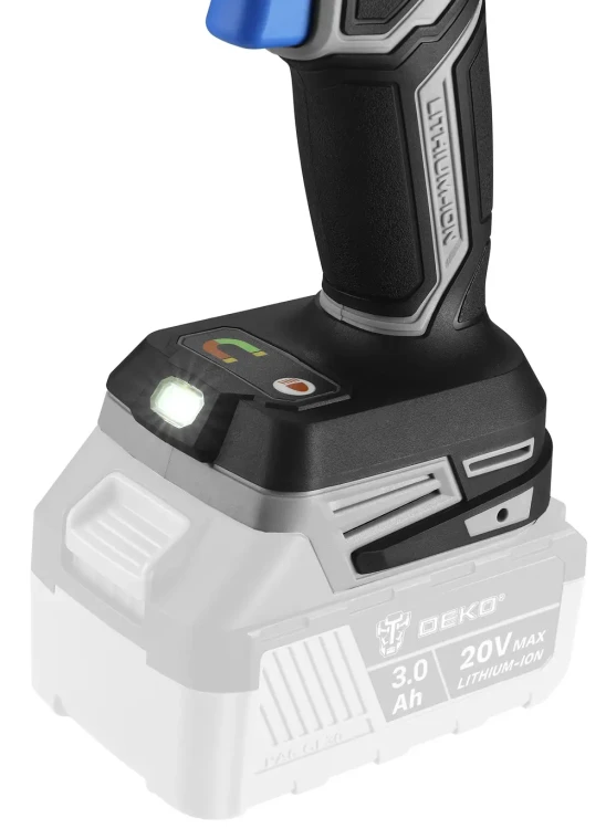 gniazdo akumulatora 20V i lampka LED wiertarko-wkrętarki DEKO DKBL20XP01-S0