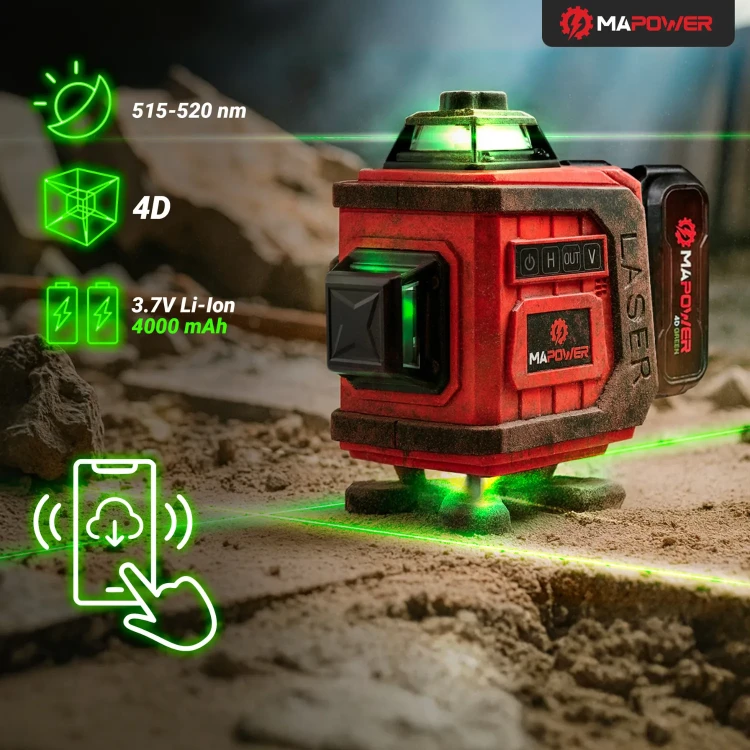Zielony laser budowlany 360 stopni MPLL03 to sprzęt gotowy na pracę w każdej przestrzeni i widoczny nawet w jasnym świetle
