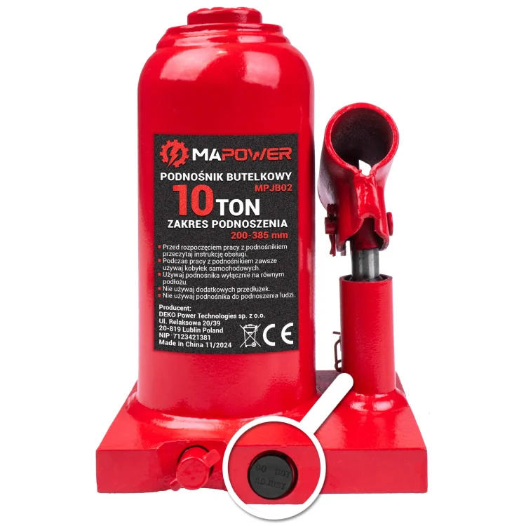 Podnośnik butelkowy MPJB02 z zaworem bezpieczeństwa zapewnia dodatkową ochronę w razie przeciążenia