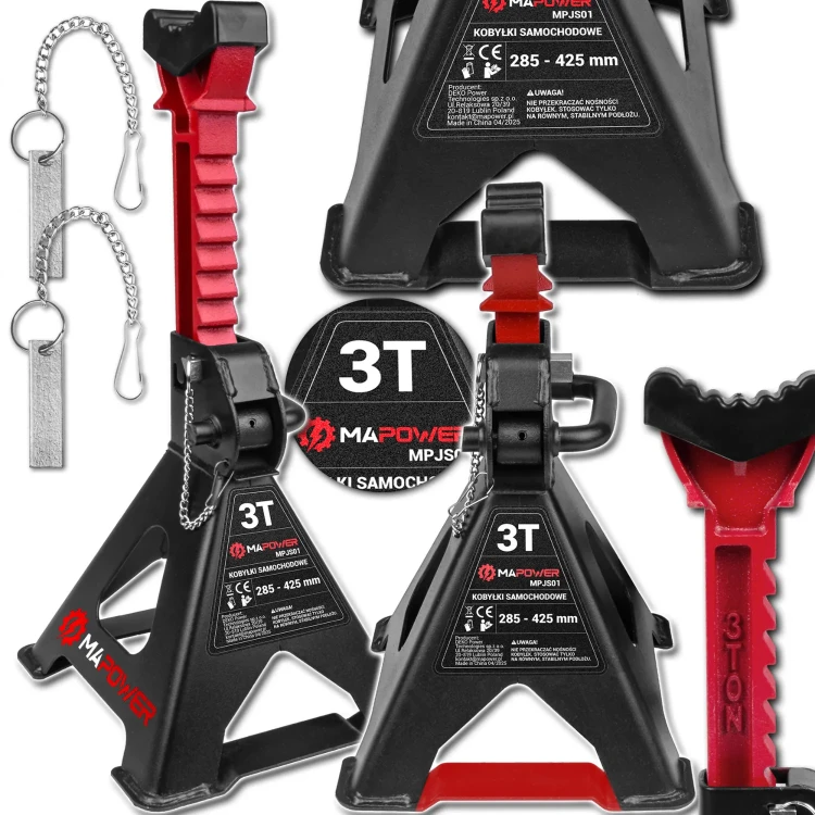 Kobyłki samochodowe MPJS01 posiadają wzmocnioną podstawę oraz dodatkowe blokady kolumny zwiększające bezpieczeństwo użytkowania