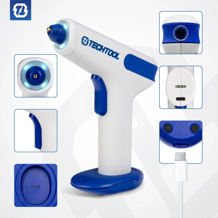 Pistolet do kleju TTGG02 TECHTOLL z automatycznym wyłączaniem oszczędza baterię i zmniejsza ryzyko przypadkowego dotknięcia rozgrzanego urządzenia