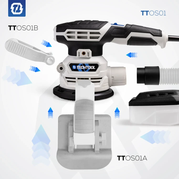 Szlifierka oscylacyjna mimośrodowa do drewna TTOS01 Techtool z możliwością montażu przystawki kątowej TTOS01B oraz ergonomicznego uchwytu TTOS01A