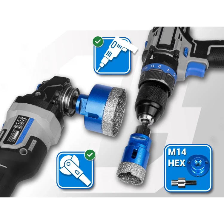 Koronki diamentowe TTHS01 z adapterem HEX umożliwiającym montaż na szlifierce i wkrętarce