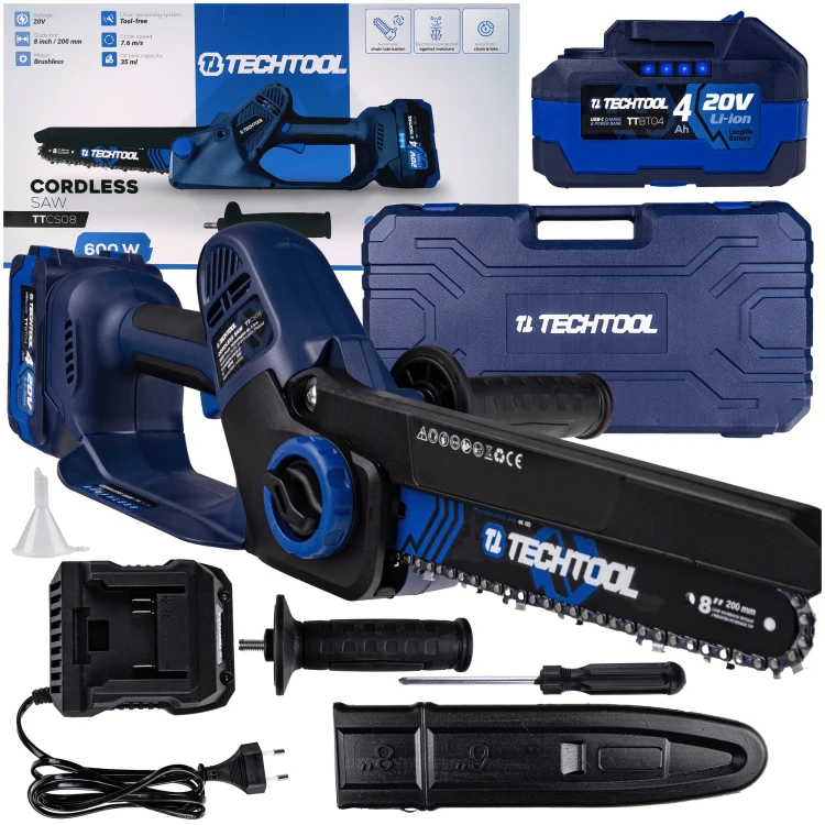 mała pilarka akumulatorowa na wysięgniku TTCS08 w zestawie z ładowarką, akumulatorem 4Ah i wysięgnikiem TTEP01