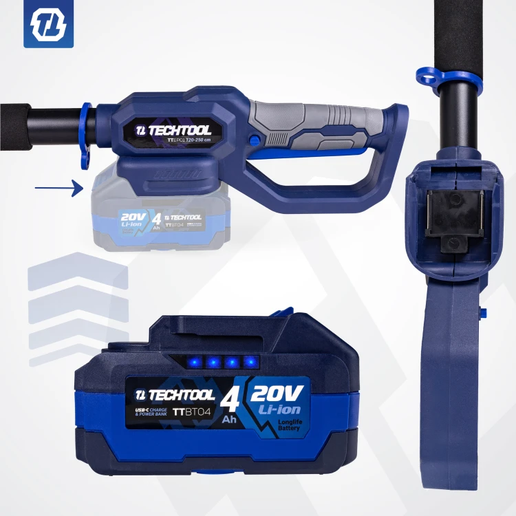 wysięgnik TTEP01 z akumulatorem i pilarką akumulatorową TTCS08 czyli gotowy zestaw do pracy bez drabiny przy cięciu wysokich drzew