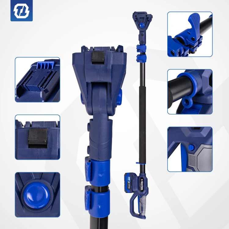 wysięgnik TTEP01 z zestawu pilarki akumulatorowej na wysięgniku TTCS01 z solidnymi zatrzaskami i podgumowana rękojeścią