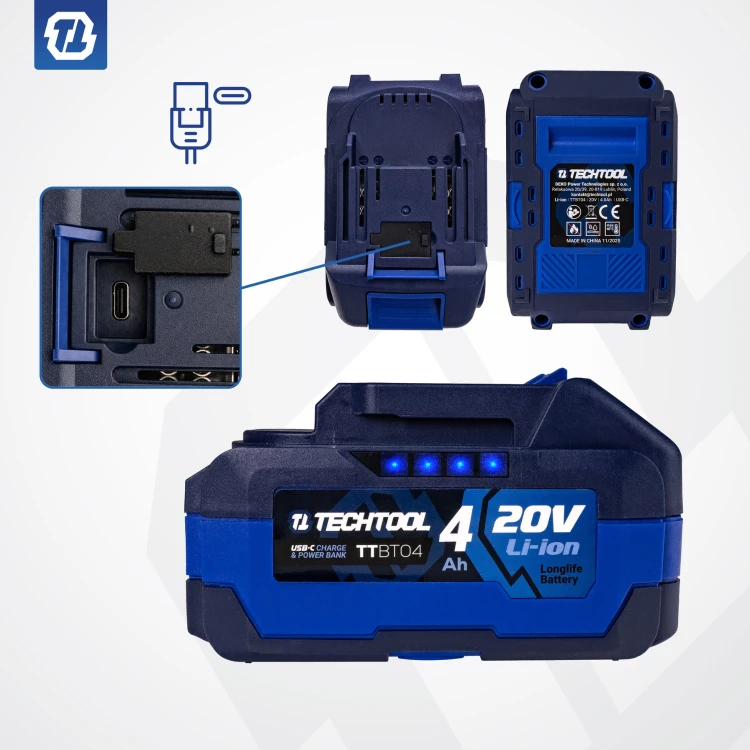 Bateria Li-Ion 20V 4Ah TECHTOOL z wskaźnikiem naładowania LED