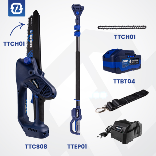Pilarka akumulatorowa na wysięgniku TECHTOOL TTCS08 z dodatkowym łańcuchem TTCH08+ wysięgnik