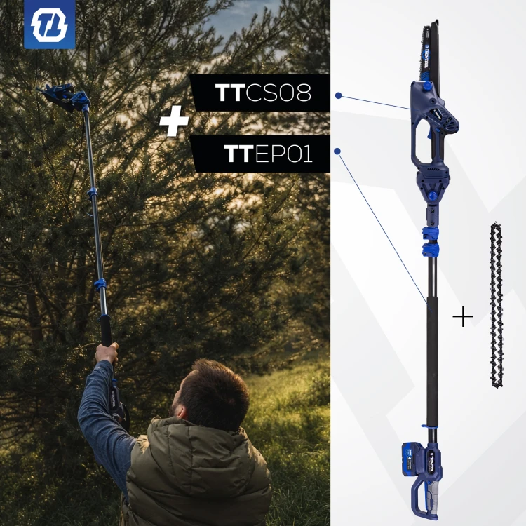 Zestaw - piła TECHTOOL TTCS08 z wysięgnikiem TTEP01 do cięcia gałęzi na wysokości z łańcuchem jako dodatkowy element eksploatacyjny