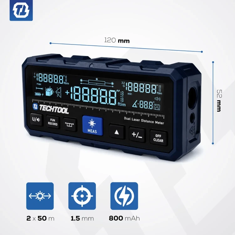 Dalmierz z laserem TTDM01 TECHTOOL z wydajnym akumulatorem i gwarancją dokładności do 1.5mm