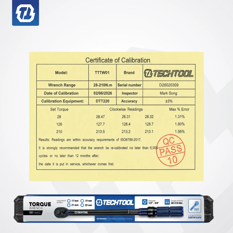 Klucz dynamometryczny do kół TECHTOOL TTTW01 1/2 cala 28-210 Nm z certyfikatem kalibracji