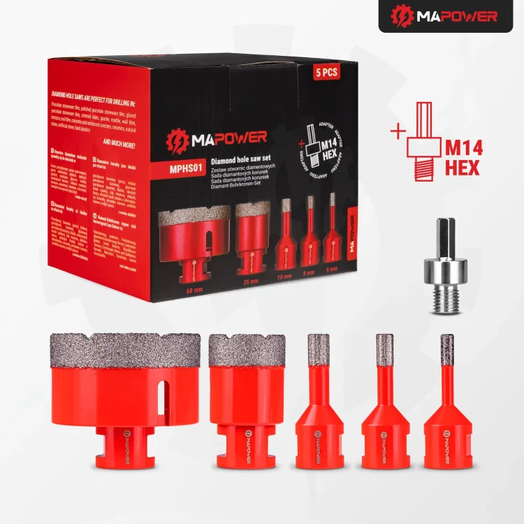 Zestaw MAPOWER MPHS01 w opakowaniu z otwornicami diamentowymi i adapterem M14 HEX