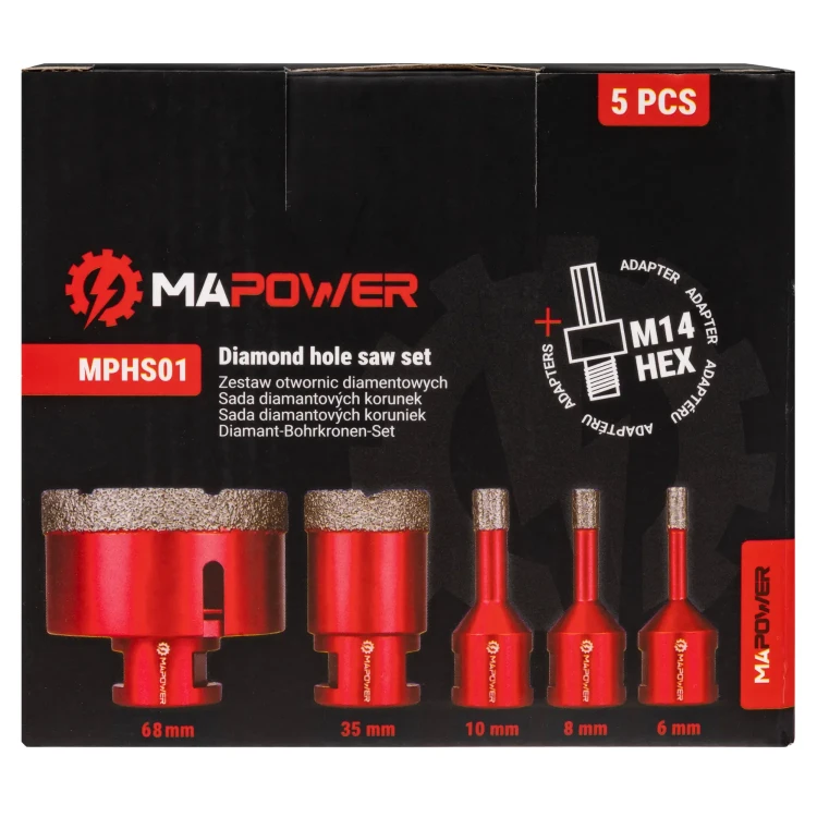 Opakowanie zestawu otwornic diamentowych MAPOWER MPHS01 5 sztuk 6-68 mm