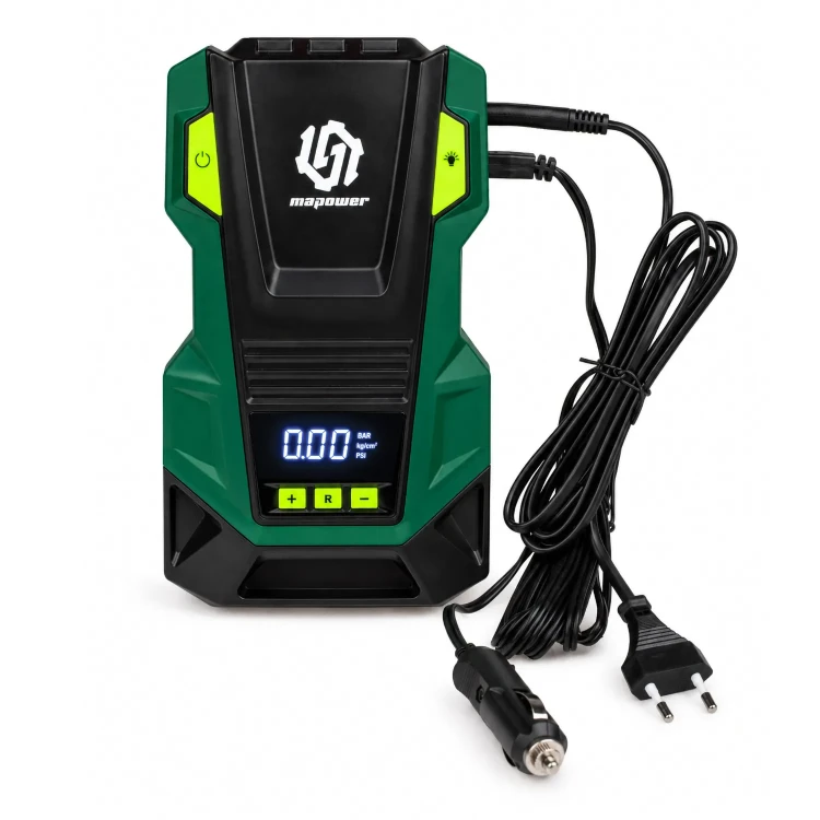 Kompresor MAPOWER MPAC01 z przewodami zasilającymi do gniazda samochodowego 12 V i sieci 230 V