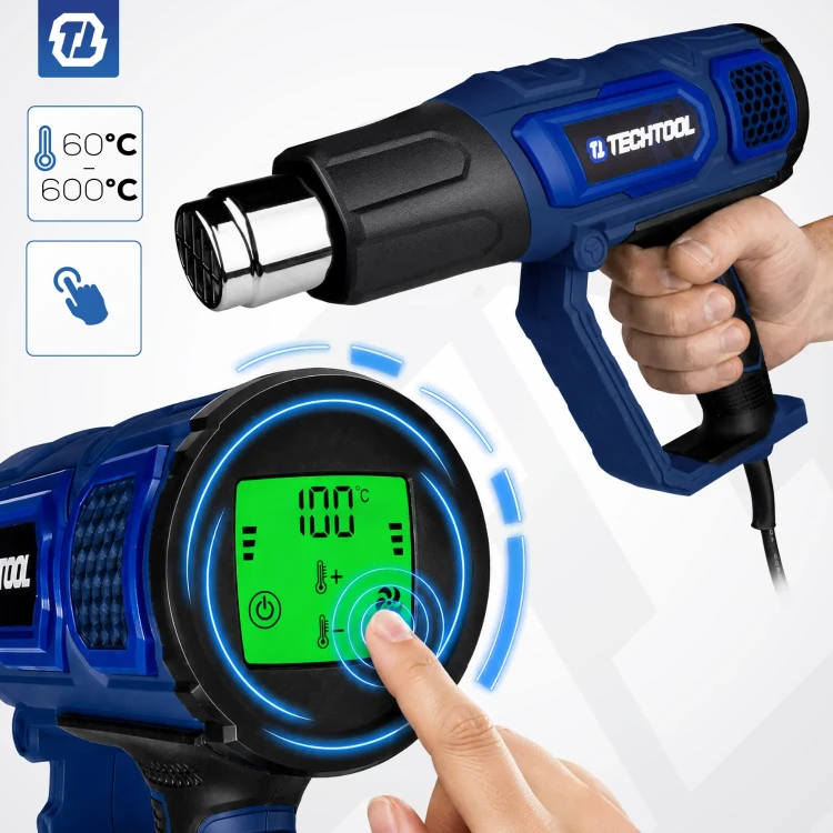 Dotykowy wyświetlacz opalarki TECHTOOL TTHG01 do precyzyjnego ustawiania temperatury od 60 do 600°C