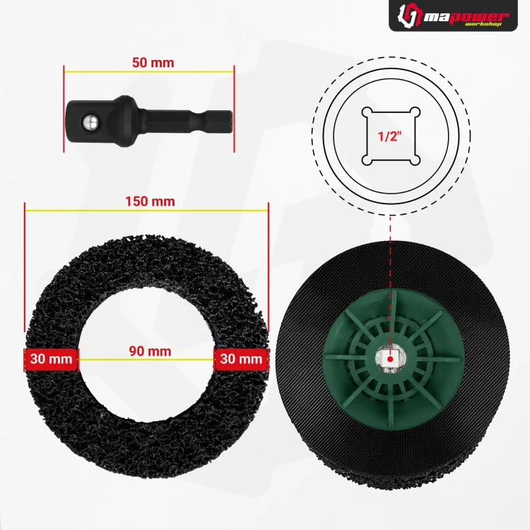 Wymiary szczotki MPWH01 – średnica zewnętrzna 150 mm, wewnętrzna 90 mm oraz adapter 1/2 cala na HEX