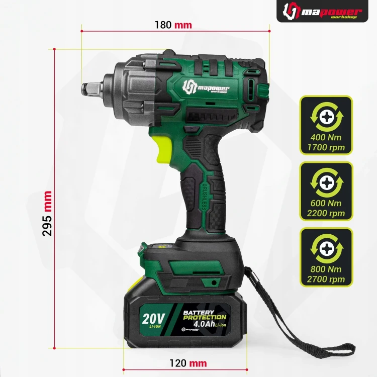 Wymiary klucza udarowego MAPOWER MPIW01 i trzy biegi 400, 600 i 800 Nm