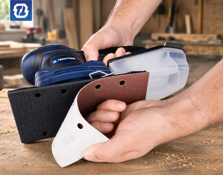 Wymiana papieru ściernego na rzepy w szlifierce TTOS02 Techtool