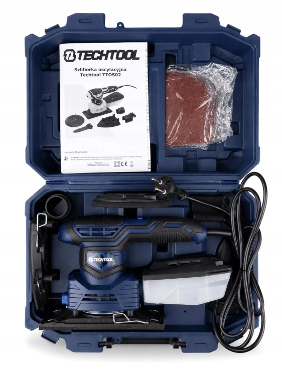 Otwarta walizka szlifierki mimośrodowej TTOS02 Techtool z akcesoriami