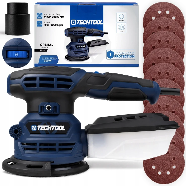 Szlifierka oscylacyjna mimośrodowa do drewna 125 mm 250 W TTOS01 Techtool w zestawie z 10 papierami ściernymi