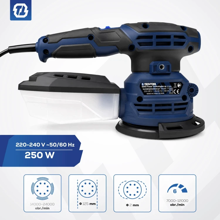 Szlifierka mimośrodowa TTOS01 Techtool o mocy 250 W wraz z parametrami pracy