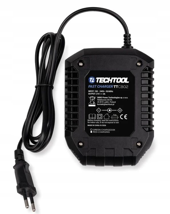 Ładowarka TECHTOOL TTCB02 – tabliczka znamionowa, wyjście 21V 2A