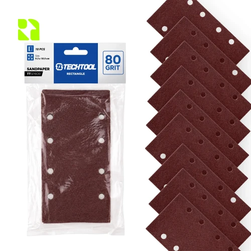Papier ścierny prostokątny P80 185 x 93 mm, 10 szt. TECHTOOL TTSP80R – opakowanie i arkusze
