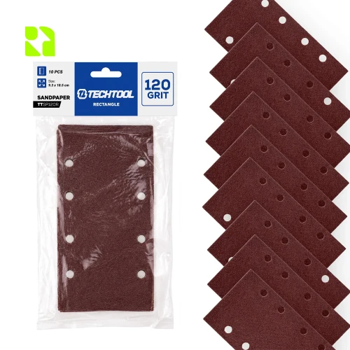 Papier ścierny prostokątny P120 185 x 93 mm, 10 szt. TECHTOOL TTSP120R – opakowanie i arkusze