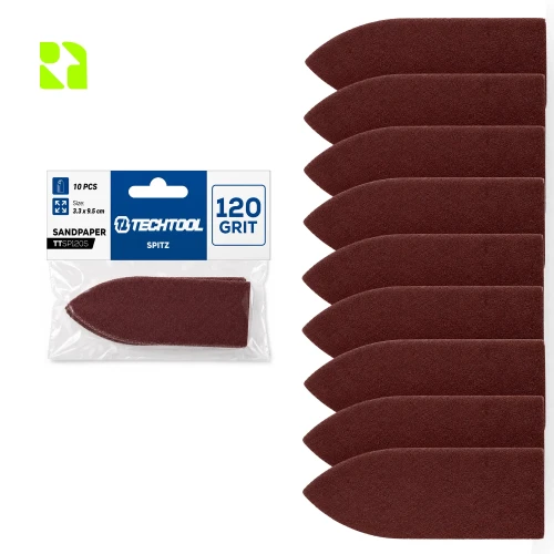 Papier ścierny szpic/trójkąt P120 95 x 33 mm, 10 szt. TECHTOOL TTSP120S – opakowanie i arkusze
