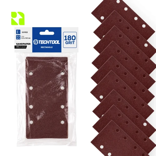 Papier ścierny prostokątny P180 185 x 93 mm, 10 szt. TECHTOOL TTSP180R – opakowanie i arkusze
