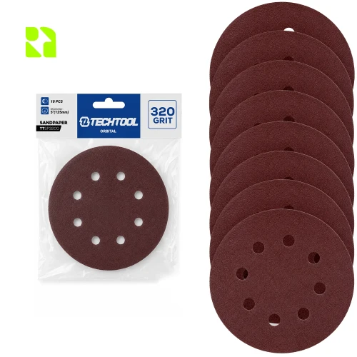 Krążek ścierny P320 125 mm, 10 szt. TECHTOOL TTSP320O – opakowanie i krążki