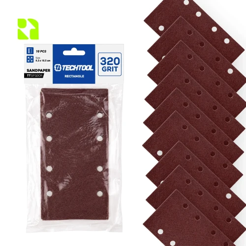 Papier ścierny prostokątny P320 185 x 93 mm, 10 szt. TECHTOOL TTSP320R – opakowanie i arkusze
