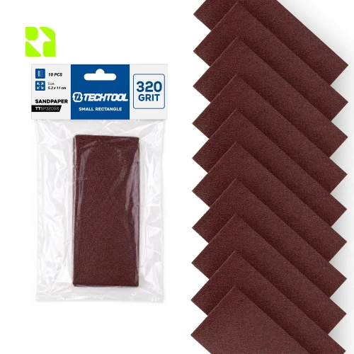 Papier ścierny prostokątny mały P320 110 x 53 mm, 10 szt. TECHTOOL TTSP320SR – opakowanie i arkusze