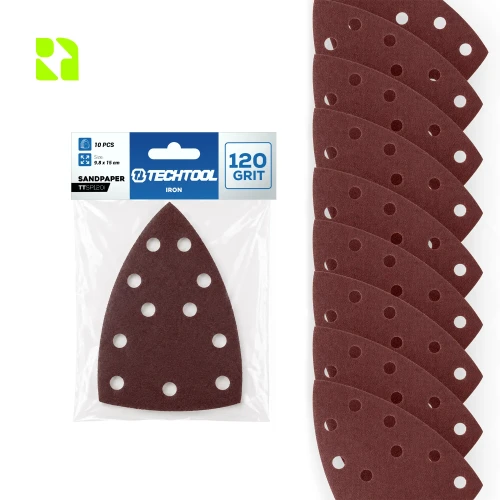 Papier ścierny typu żelazko P120 150 x 98 mm, 10 szt. TECHTOOL TTSP120I – opakowanie i arkusze