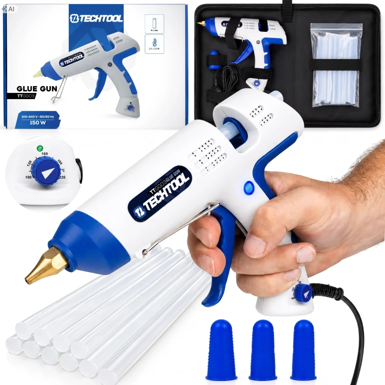 Pistolet do kleju na gorąco TECHTOOL TTGG03 z wkładami 11 mm, ochraniaczami na palce i opakowaniem