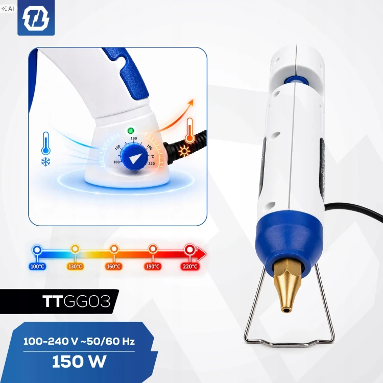 Pistolet do kleju TTGG03 150 W – regulacja temperatury 100–220°C i zasilanie 100–240 V