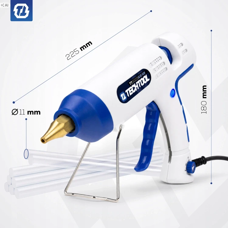 Wymiary pistoletu do kleju TTGG03 – 225 × 180 mm, dysza na wkłady 11 mm