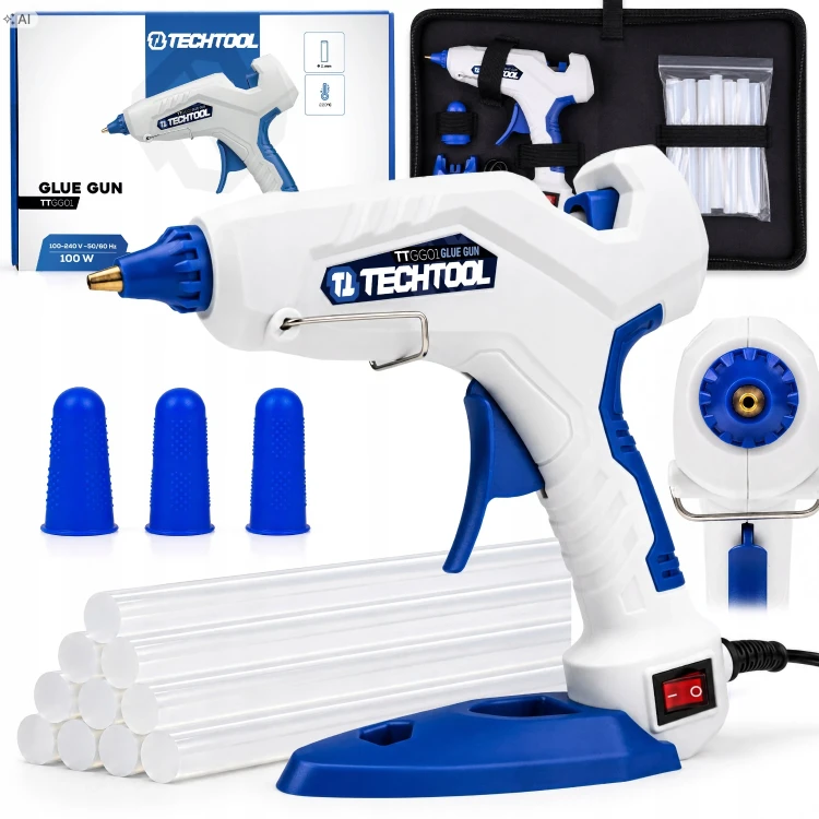 Pistolet do kleju na gorąco 100 W TTGG01 TECHTOOL – zestaw z wkładami klejowymi, nakładkami i podstawką