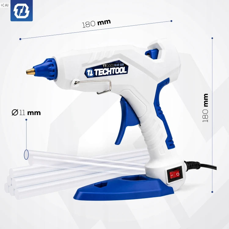 Wymiary pistoletu do kleju TTGG01 – 180 mm, wkłady klejowe 11 mm
