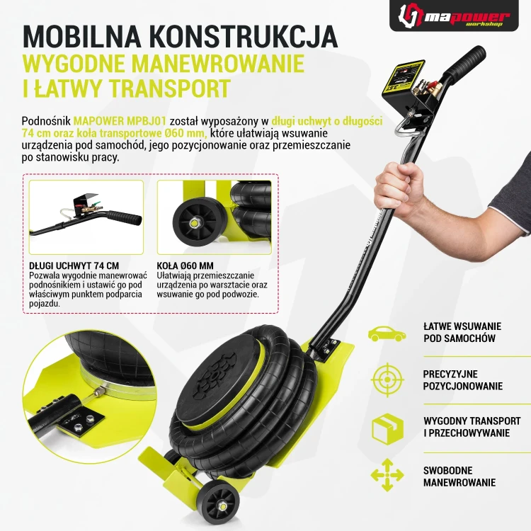 Mobilna konstrukcja podnośnika MAPOWER MPBJ01r2 – uchwyt 74 cm i koła 60 mm