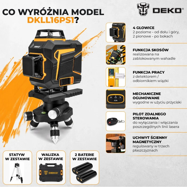 Co wyróżnia model DKLL16PS1-B – cztery głowice, funkcja skosów, pilot i uchwyt magnetyczny