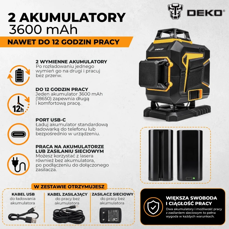 Dwa akumulatory 3600 mAh z portem USB-C do poziomicy laserowej DKLL16PS1-B