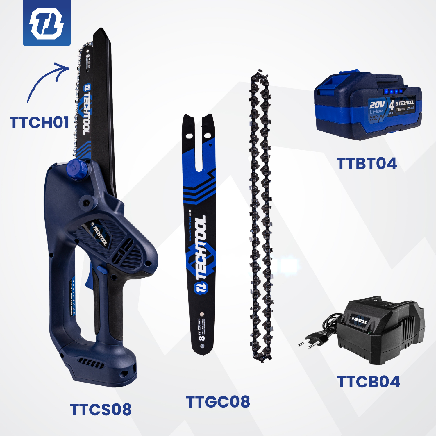 piła do gałęi 8' TTCS08 w zestawie z akumulatorem, ładowarką oraz dodatkowymi częściami eksploatacyjnymi- prowadnica i łańcuchem