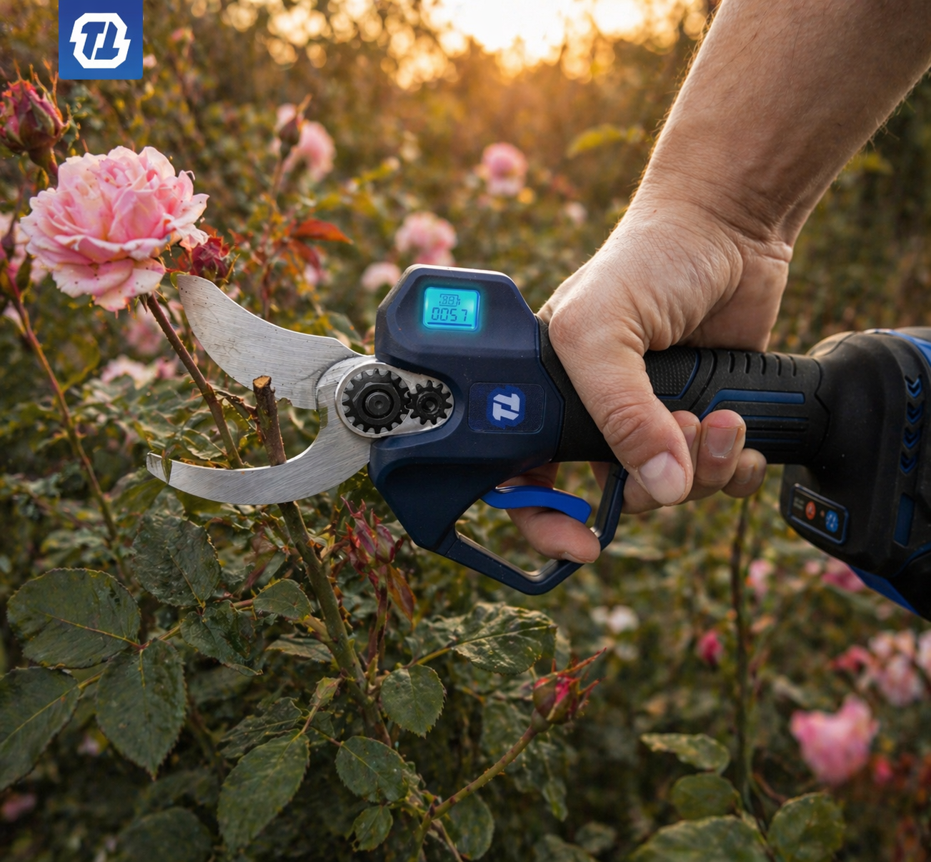 sekator akumulatorowy podczas prawidłowego cięcia gałęzi w ogrodzie