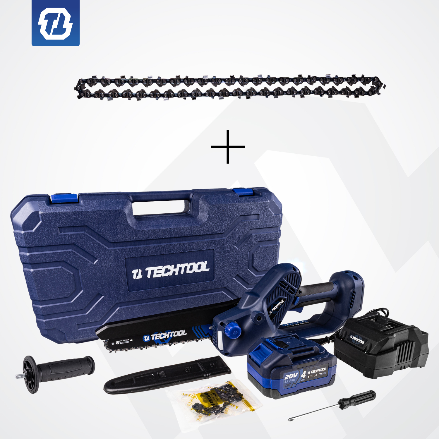 gotowy zestaw- piła 8' TTCS08 TECHTOOL, akumulator, ładowarka, dodatkowy łańcuch, kompatybilny z pilarką