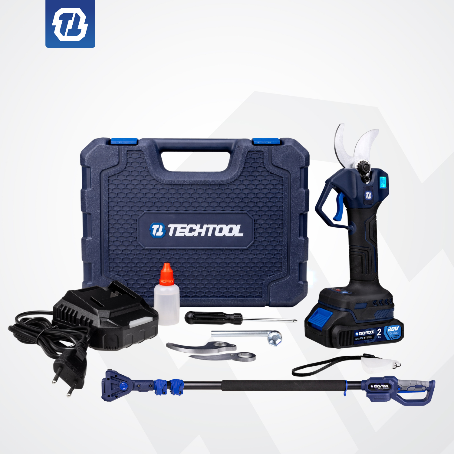 kompletny do użycia zestaw sekatora akumulatorowego TTPS01 z akumulatorem i ładowarką