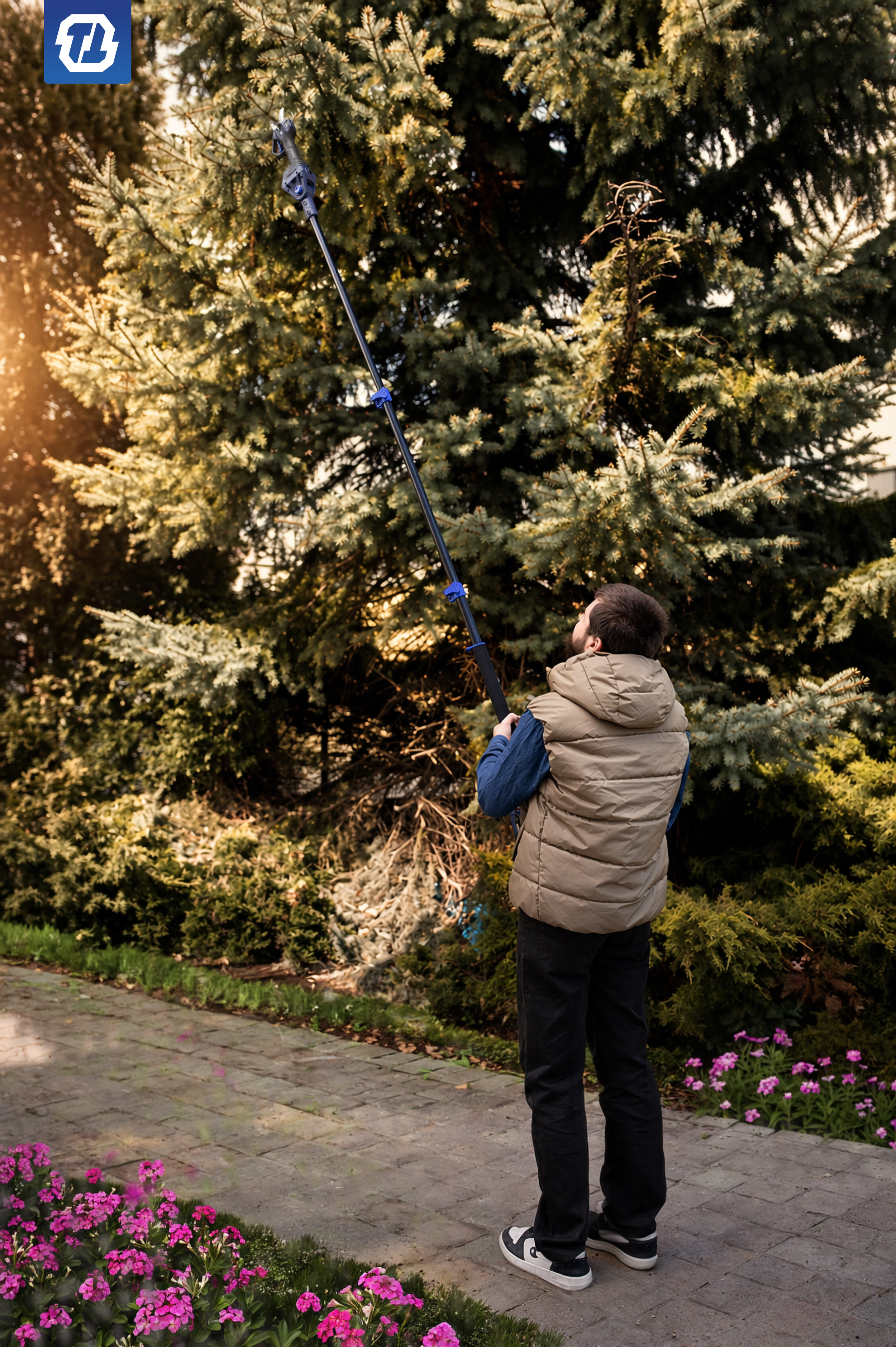 cięcie sekatorem na wysięgniku drzew z ziemi bez użycia drabiny