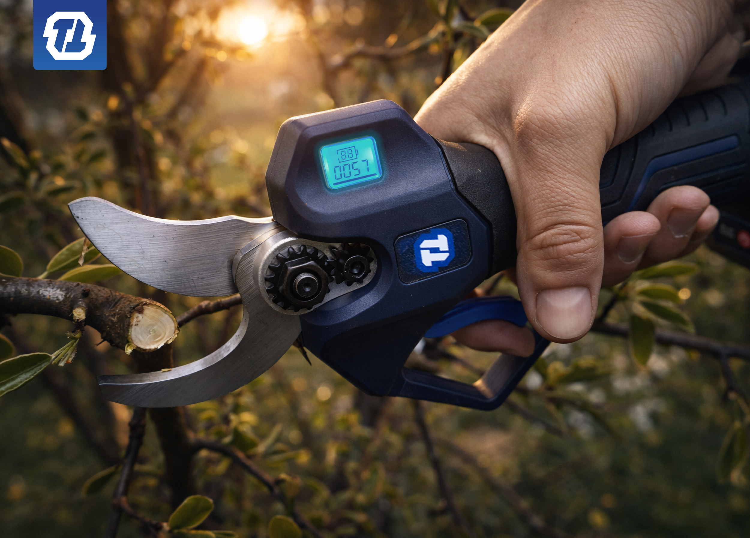 sekator akumulatorowy TTPS01 z wyświetlaczem LCD pokazującym poziom naładowania i liczbę wykonanych cięć